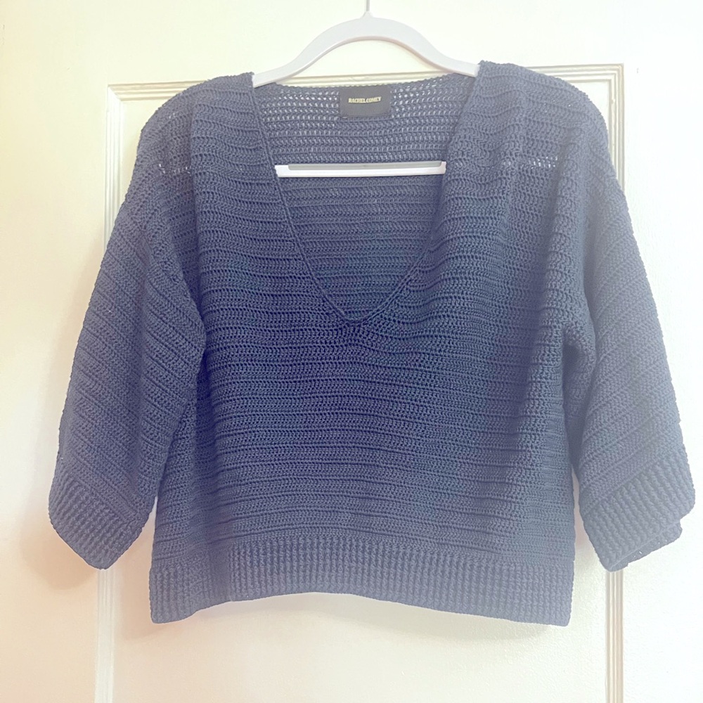 Rachel Comey blue v-neck knit sweater, size: xs. Cropped bell sleeve.